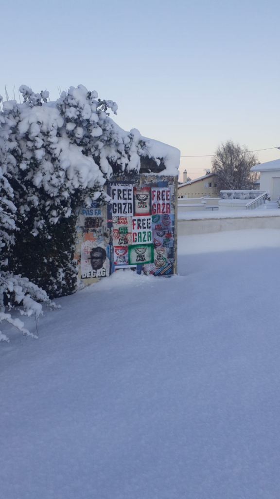 Affichage militant sous la neige à Saintes